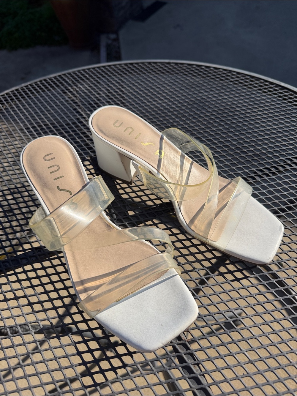 Unisa White Block Heel Sandals with Clear Straps and Square Toe